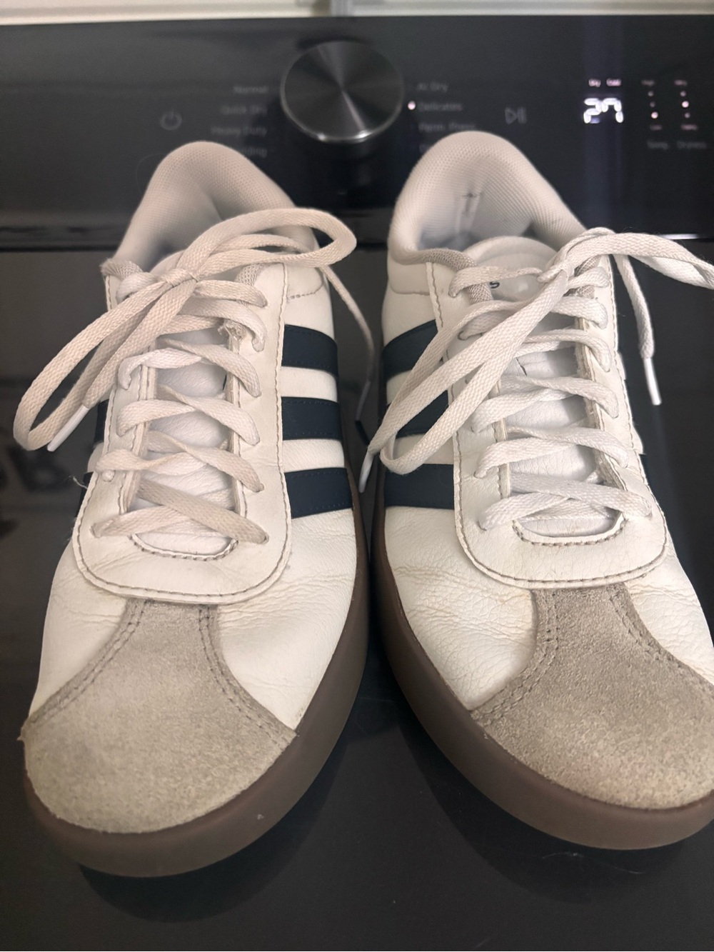 adidas Kids White Sneakers with Navy Stripes and Brown Soles